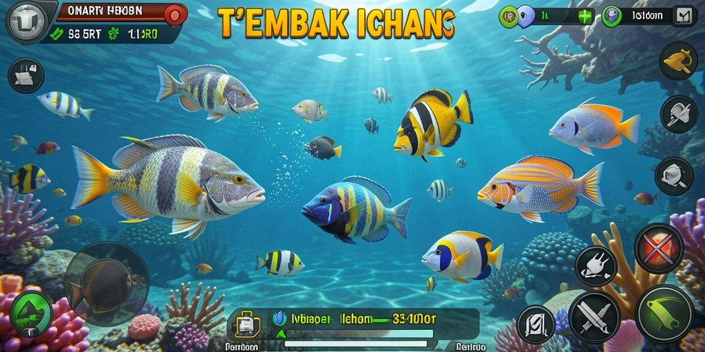 Screenshot permainan Tembak Ikan yang penuh aksi dan warna.