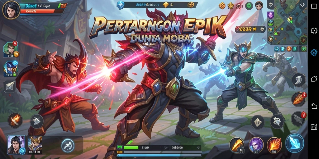 Screenshot gameplay MOBA dari 888R dengan pertarungan seru.