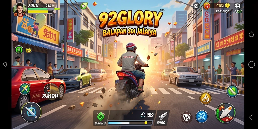 Tangkapan layar gameplay 92GLORY menunjukkan aksi balapan yang mendebarkan.