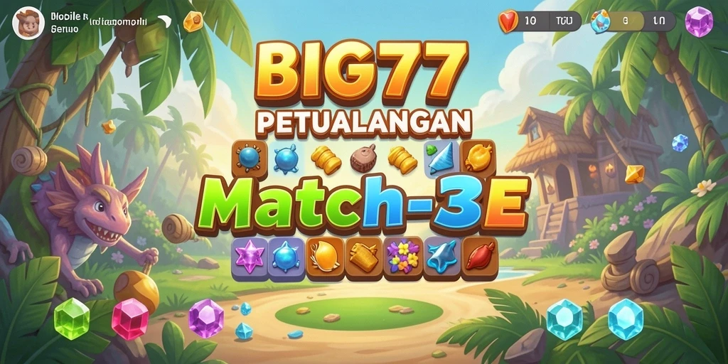 Tampilan gameplay <strong>BIG77</strong> dengan kombinasi warna-warni item Match-3 yang seru.
