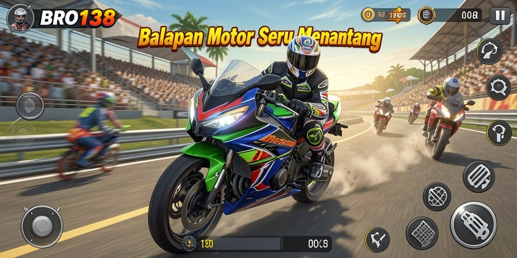 Tampilan gameplay utama BRO138 dengan balapan motor yang seru.