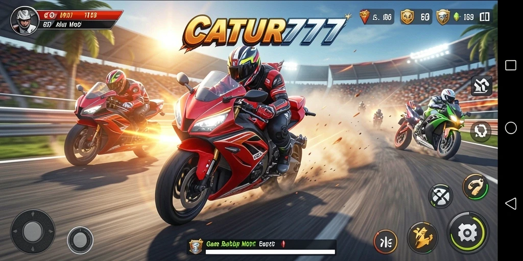 Tampilan gameplay seru dalam CATUR777 yang penuh aksi balapan motor.