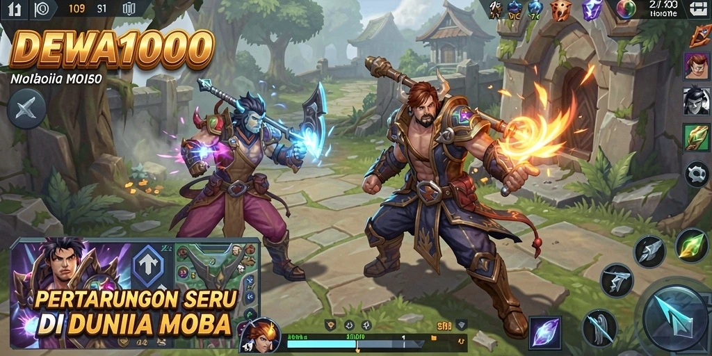 Tangkapan layar pertarungan intens dalam permainan MOBA DEWA1000.