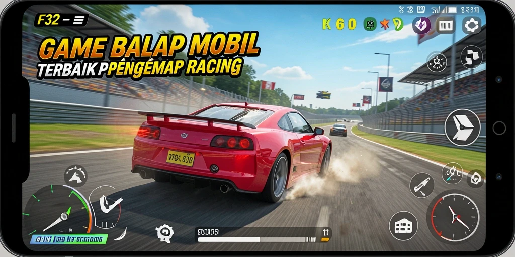 Tampilan gameplay Racing F32 dengan mobil balap di lintasan yang menantang.