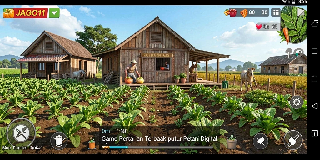 Tampilan gameplay seru di JAGO11 dengan aktivitas bertani dan bercocok tanam.