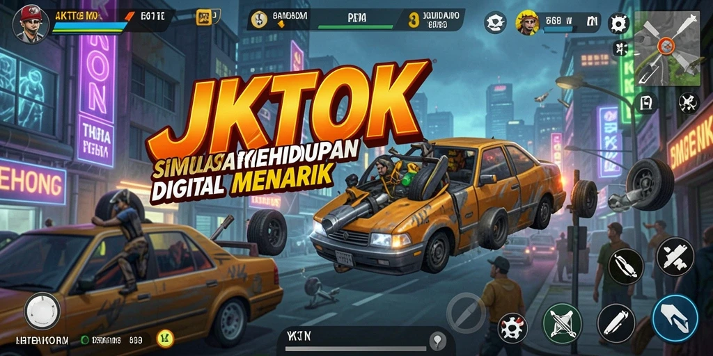 Tampilan gameplay JKTOK dengan karakter yang berinteraksi dalam simulasi kehidupan.