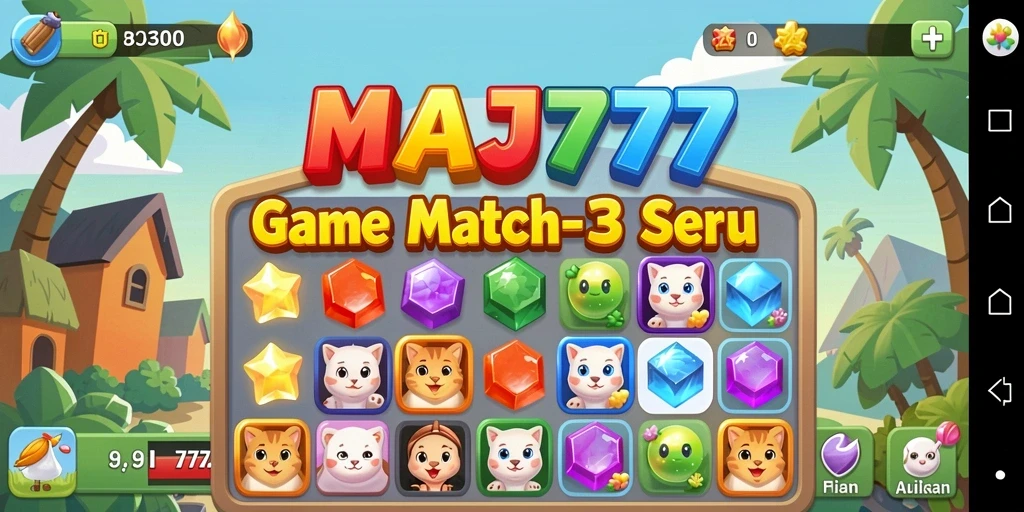Screenshot menunjukkan gameplay Match-3 yang menantang dan penuh warna.