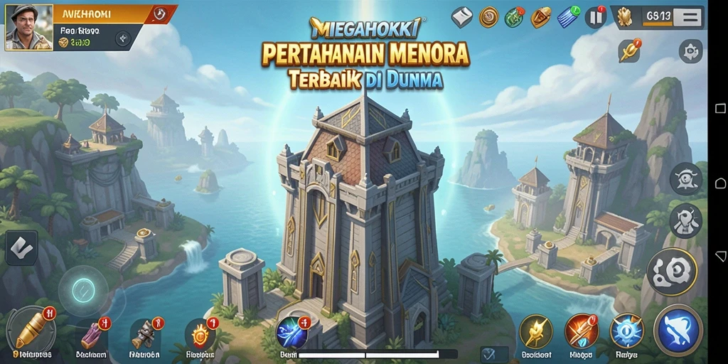 Tampilan gameplay MEGAHOKI yang menegangkan dalam pertahanan menara.