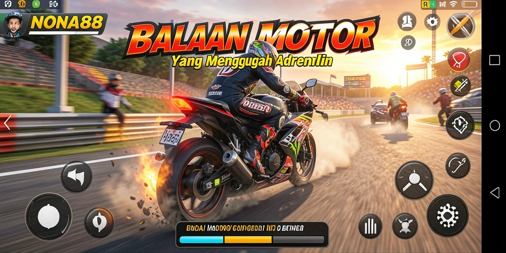 Gameplay seru NONA88 dengan aksi balapan motor.