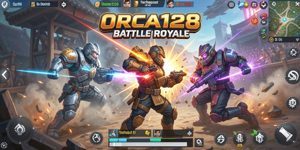 Screenshot gameplay ORCA128 yang menunjukkan pertempuran sengit di arena.