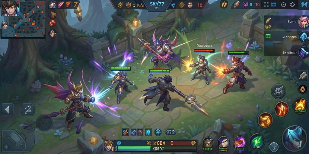 Tampilan gameplay mendebarkan dari SKY77, game MOBA favorit.