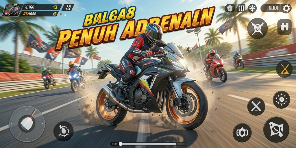 Screenshot gameplay X168 yang menampilkan aksi balapan motor.