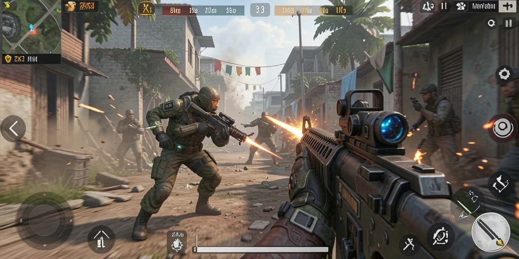 Gameplay ZK3 dengan aksi tembak-menembak yang intens.